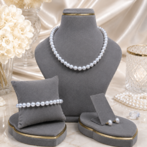Steel grey pearl necklace set with matching bracelet and earrings, featuring elegant handcrafted design and premium finish.