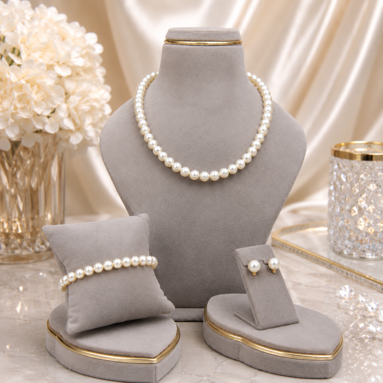 Cream pearl necklace set with coordinated bracelet and earrings, featuring timeless elegance and handcrafted detailing.