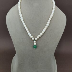 EVAARAZ Premium White Pearl Necklace with Green Drop