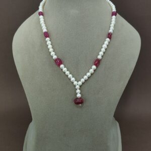 EVAARAZ White Pearl Necklace with Ruby Beads