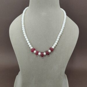 EVAARAZ White Freshwater Pearl Necklace with Red Beads