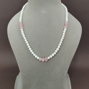 EVAARAZ White Freshwater Pearl Necklace with Pink Carved Beads