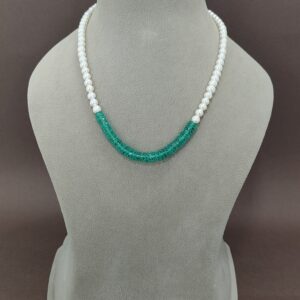 EVAARAZ White Freshwater Pearl Necklace with Green Designer Disc Beads