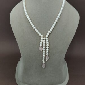 EVAARAZ Freshwater Pearl Necklace with Rose Quartz Drops – Y-Style Design