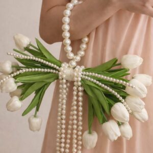 Ivory tulip pearl handheld bouquet with cascading pearl strands
