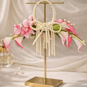 Pink calla pearl bow bouquet with cascading pearl strands