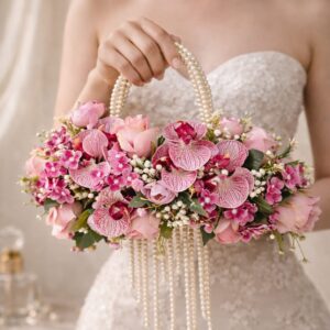 Blush orchid pearl bridal bouquet with cascading pearl strands