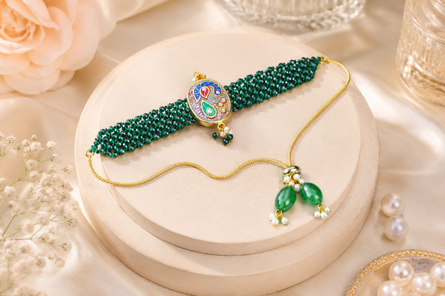 Handmade green beaded designer rakhi featuring colorful paisley artwork, kundan stones and traditional handcrafted detailing.