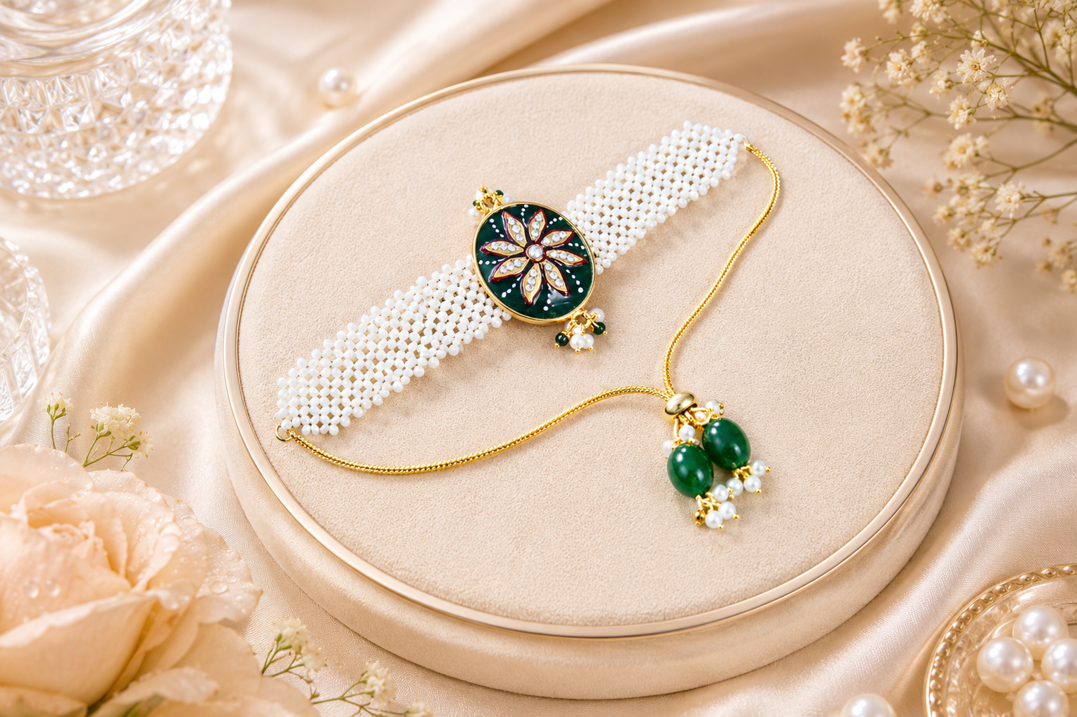 Handmade pearl beaded rakhi featuring a green floral centerpiece with kundan stones, gold detailing and traditional Indian craftsmanship.